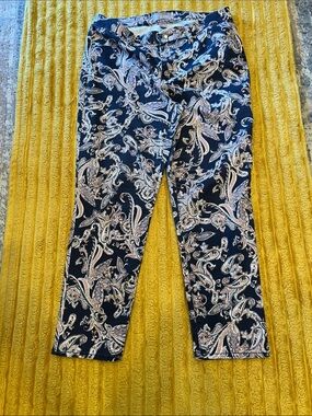 Chico's Navy Paisley Ankle Pants with Cream & Blush Accents